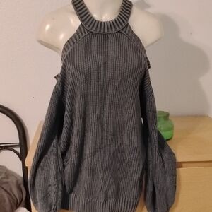 Vici Charcoal Grey Cold-Shoulder Ribbed Sweater